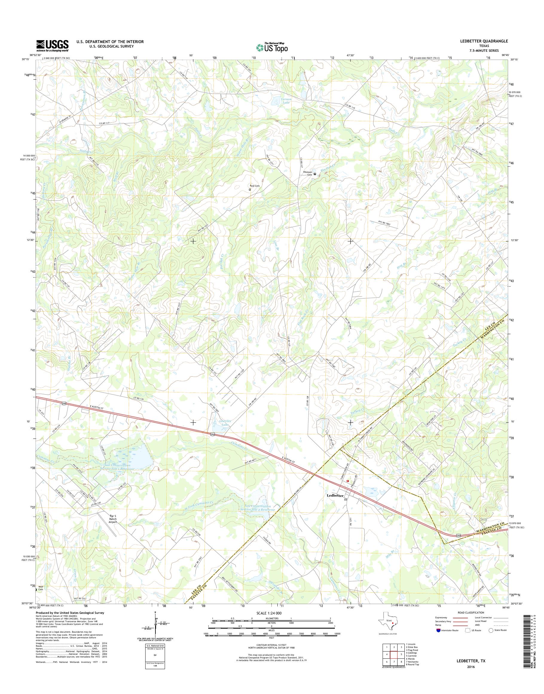 MyTopo Ledbetter, Texas USGS Quad Topo Map