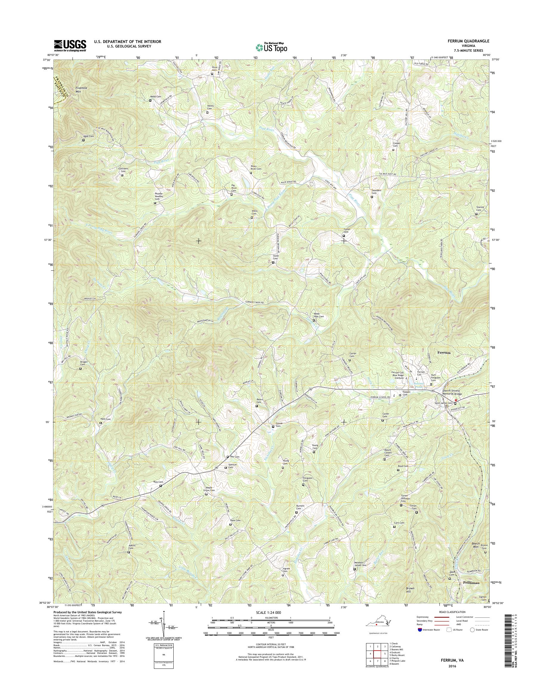 MyTopo Ferrum, Virginia USGS Quad Topo Map