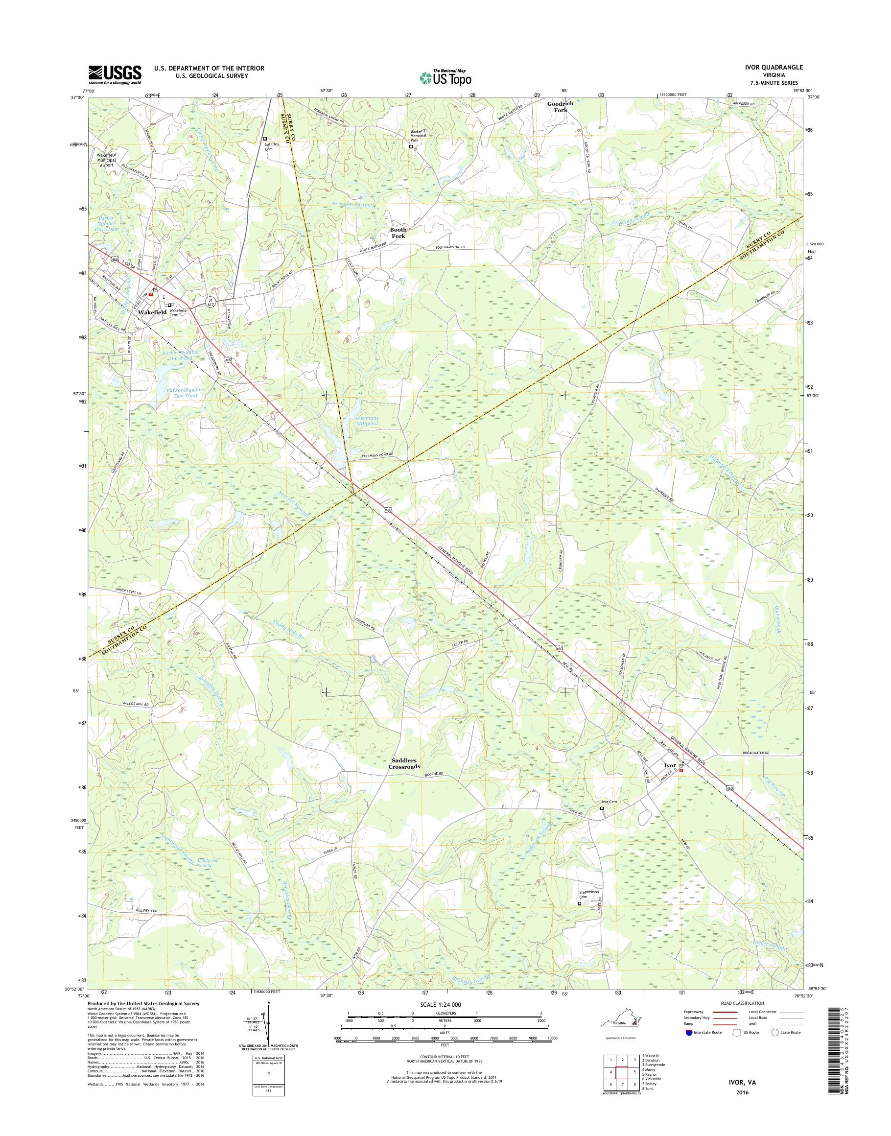 MyTopo Ivor, Virginia USGS Quad Topo Map