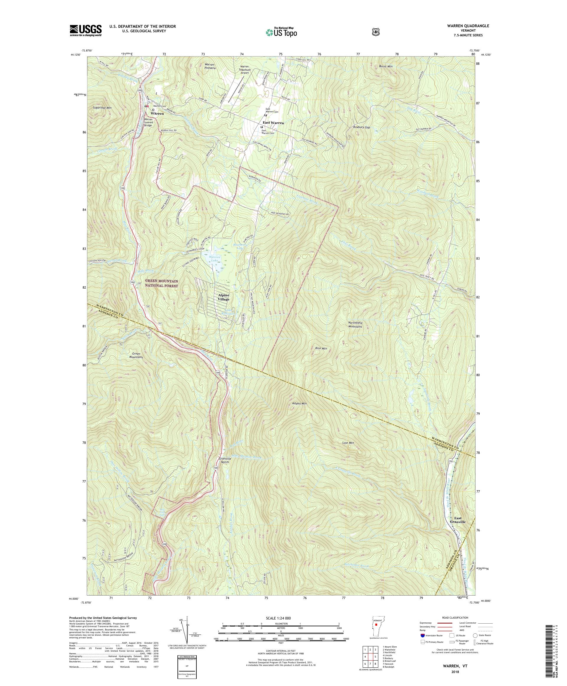 MyTopo Warren, Vermont USGS Quad Topo Map