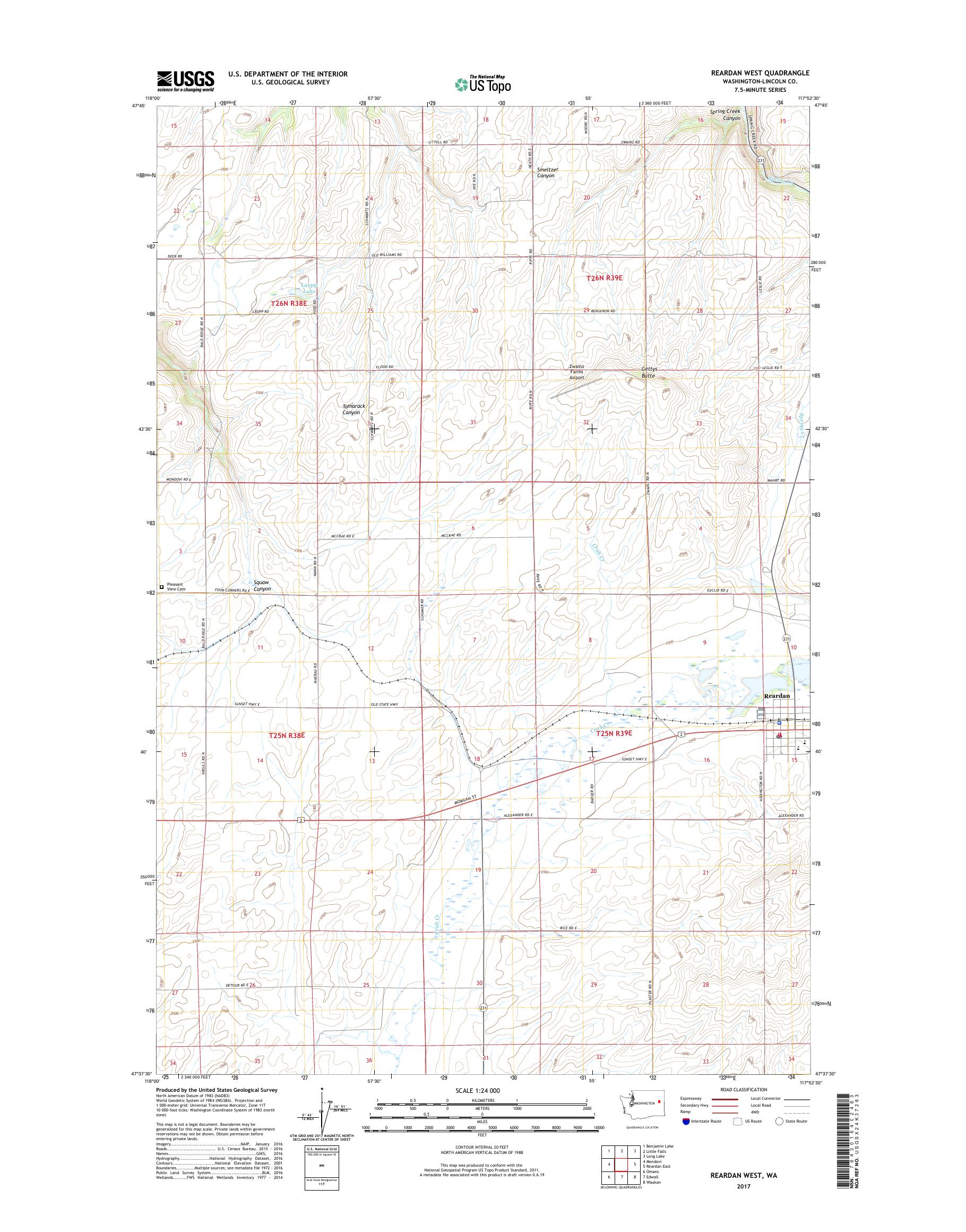 MyTopo Reardan West, Washington USGS Quad Topo Map