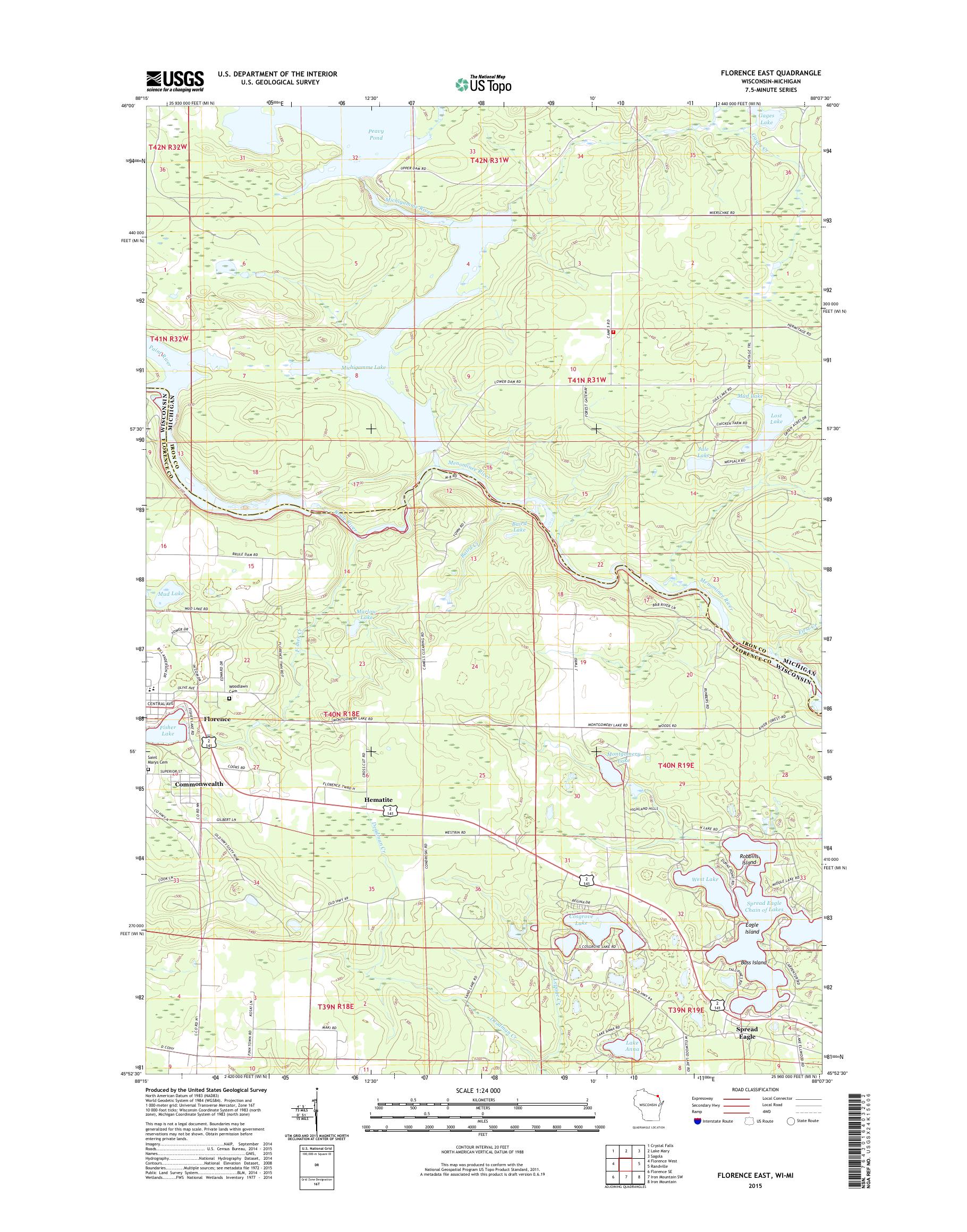 MyTopo Florence East, Wisconsin USGS Quad Topo Map