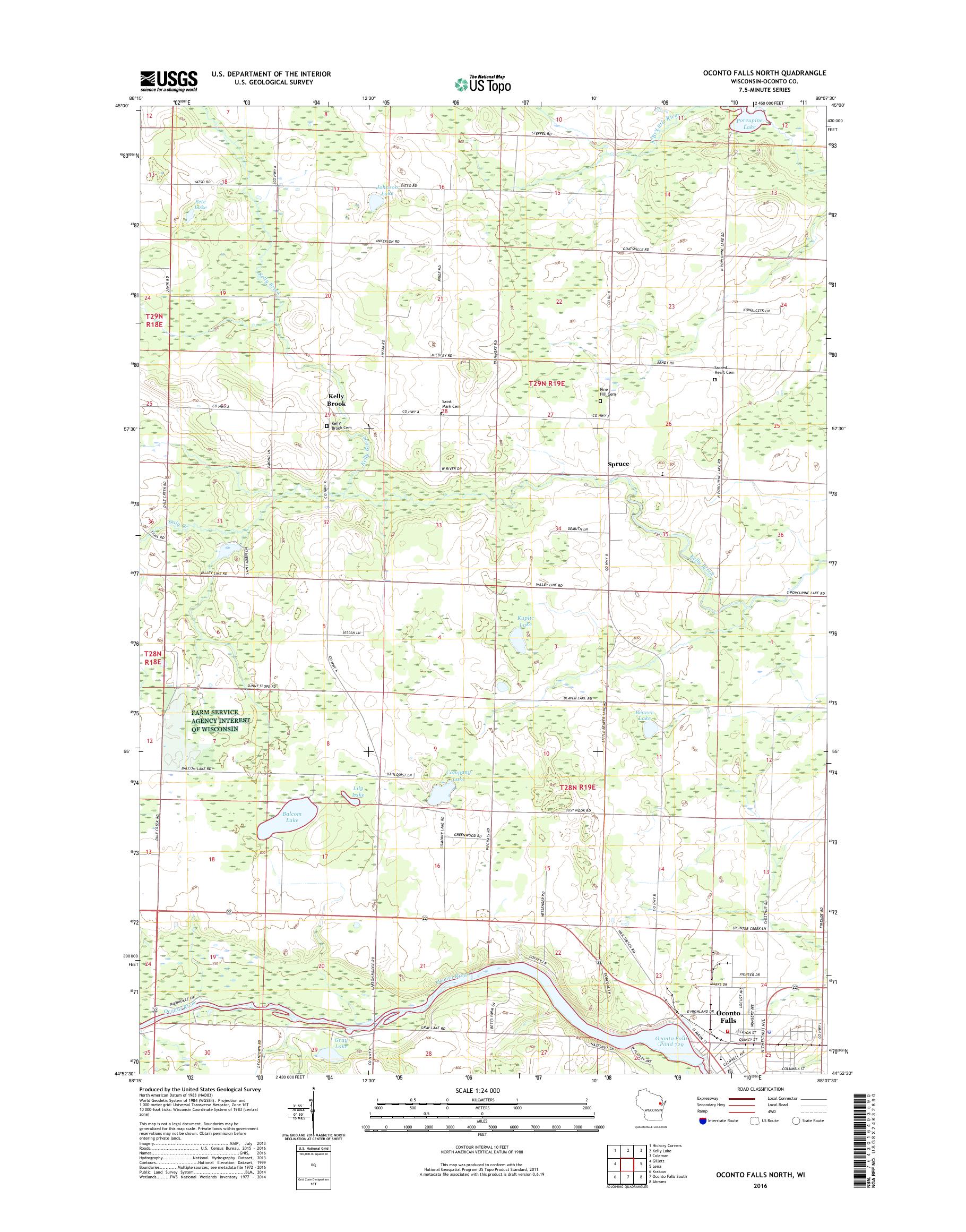 MyTopo Oconto Falls North, Wisconsin USGS Quad Topo Map