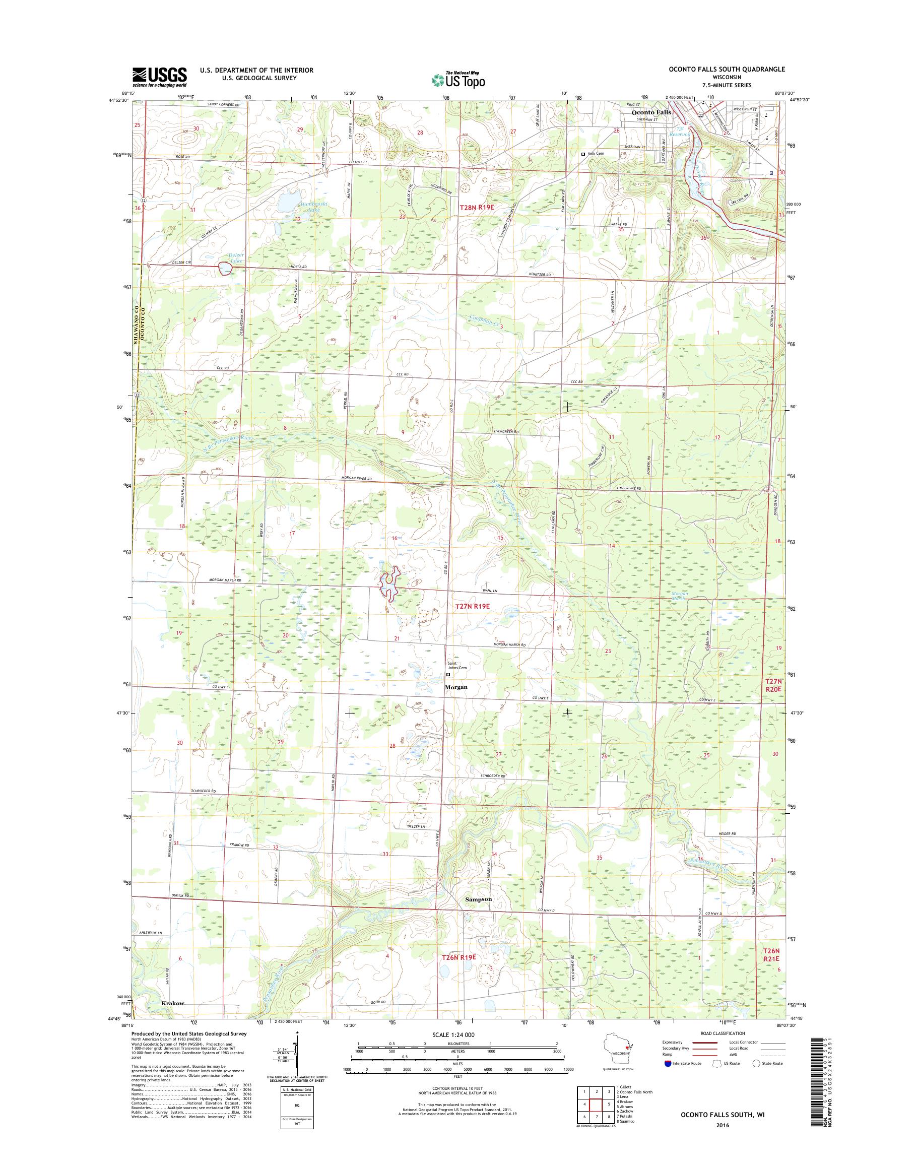 MyTopo Oconto Falls South, Wisconsin USGS Quad Topo Map