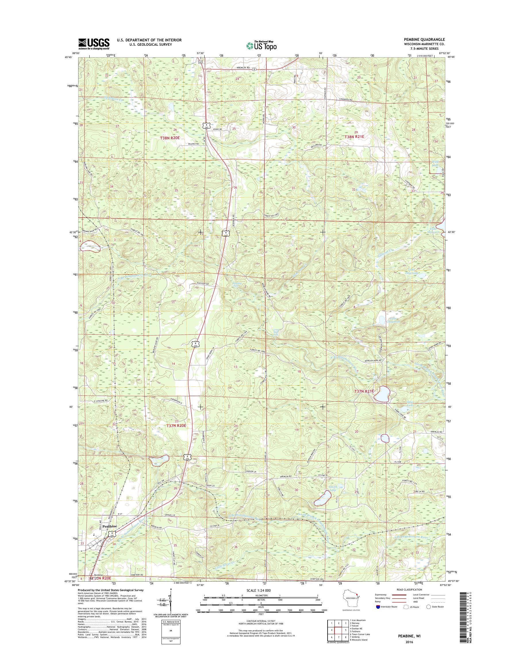 MyTopo Pembine, Wisconsin USGS Quad Topo Map