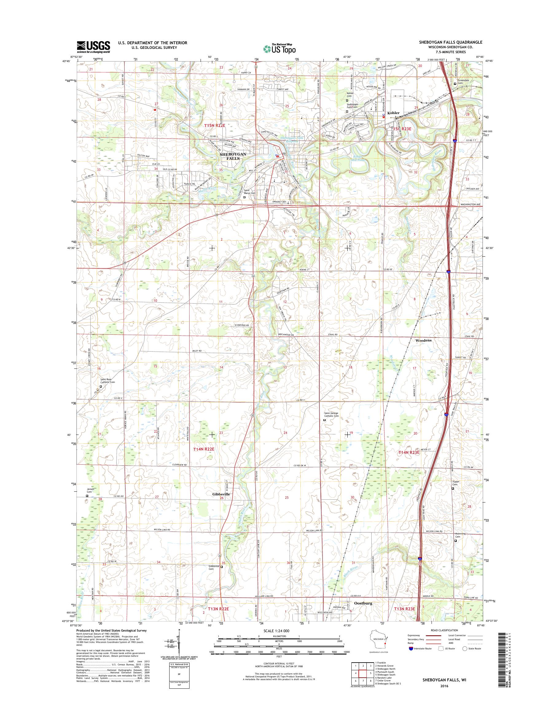MyTopo Sheboygan Falls, Wisconsin USGS Quad Topo Map