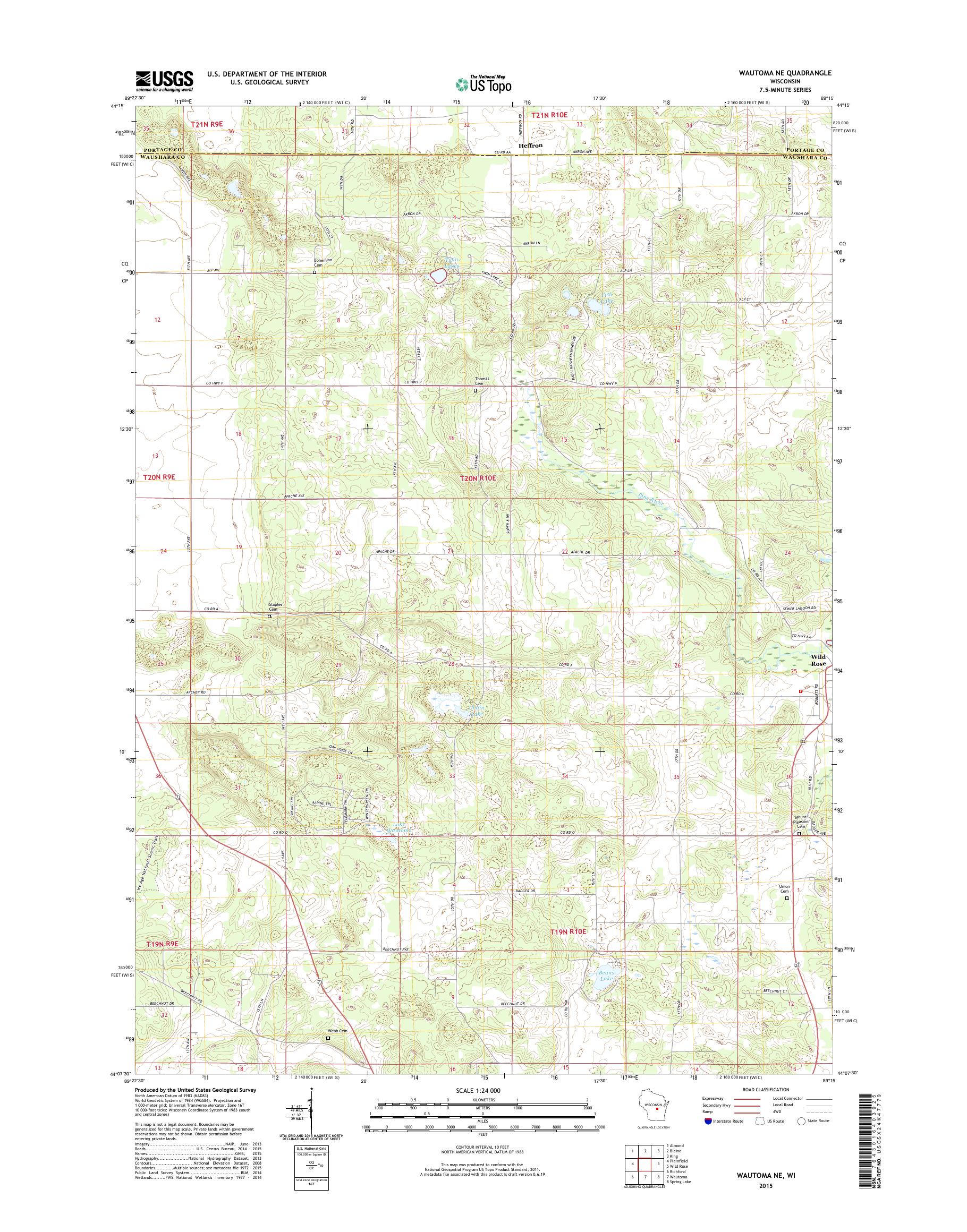 MyTopo Wautoma NE, Wisconsin USGS Quad Topo Map