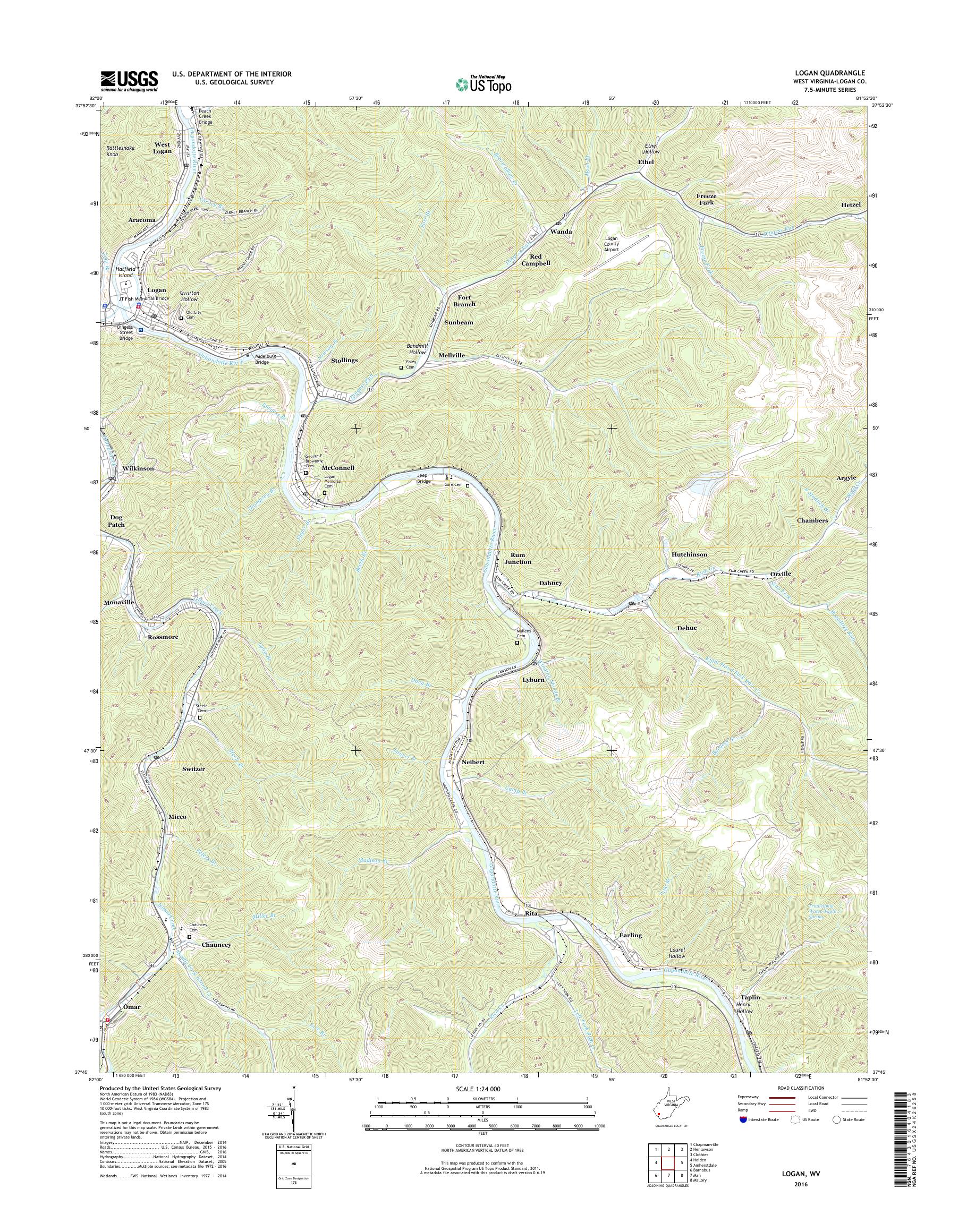 MyTopo Logan, West Virginia USGS Quad Topo Map