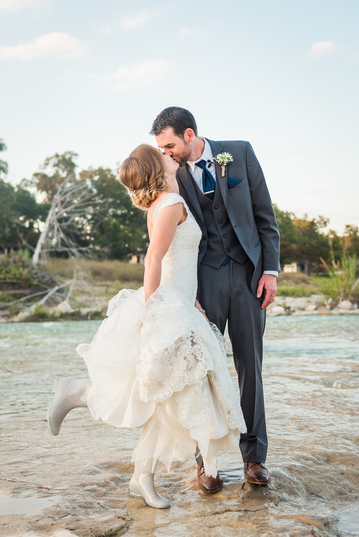 Montesino Ranch Wedding Bride and Groom at Blanco River