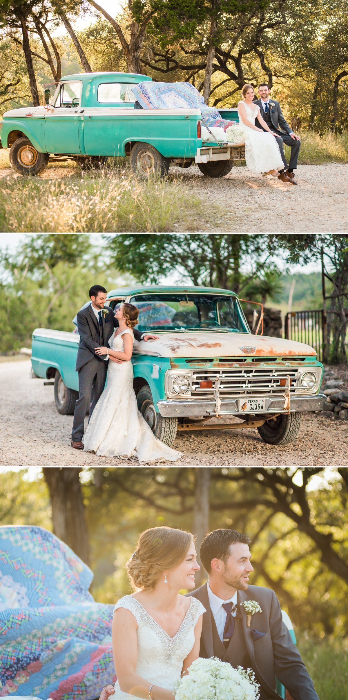 Montesino Ranch Wedding Bride and Groom with vintage blue truck