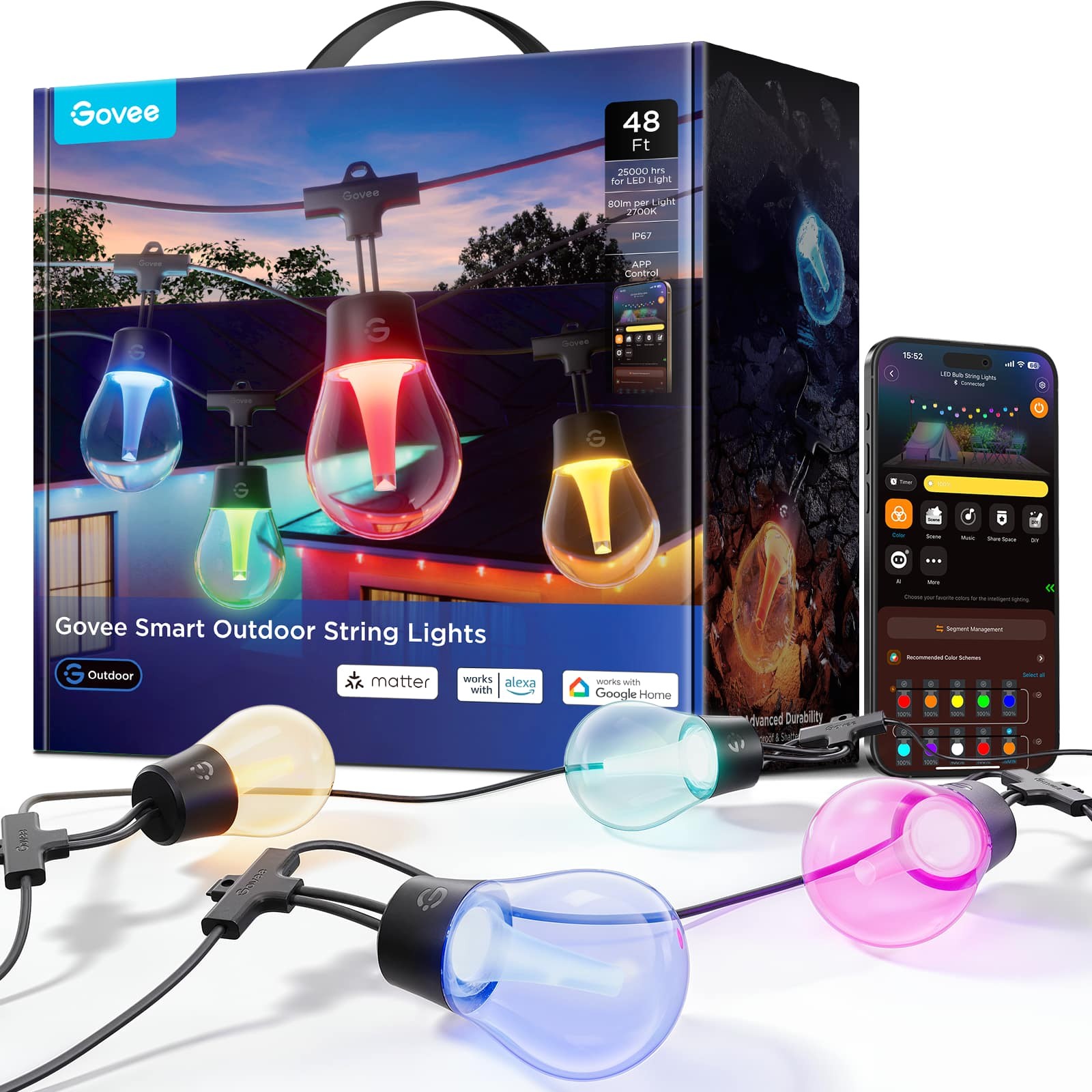 Govee - 48ft Outdoor Smart String Lights, RGBWIC 16M Colors, 1200 Lumen, IP67 Waterproof - Multi $89.24 MSRP