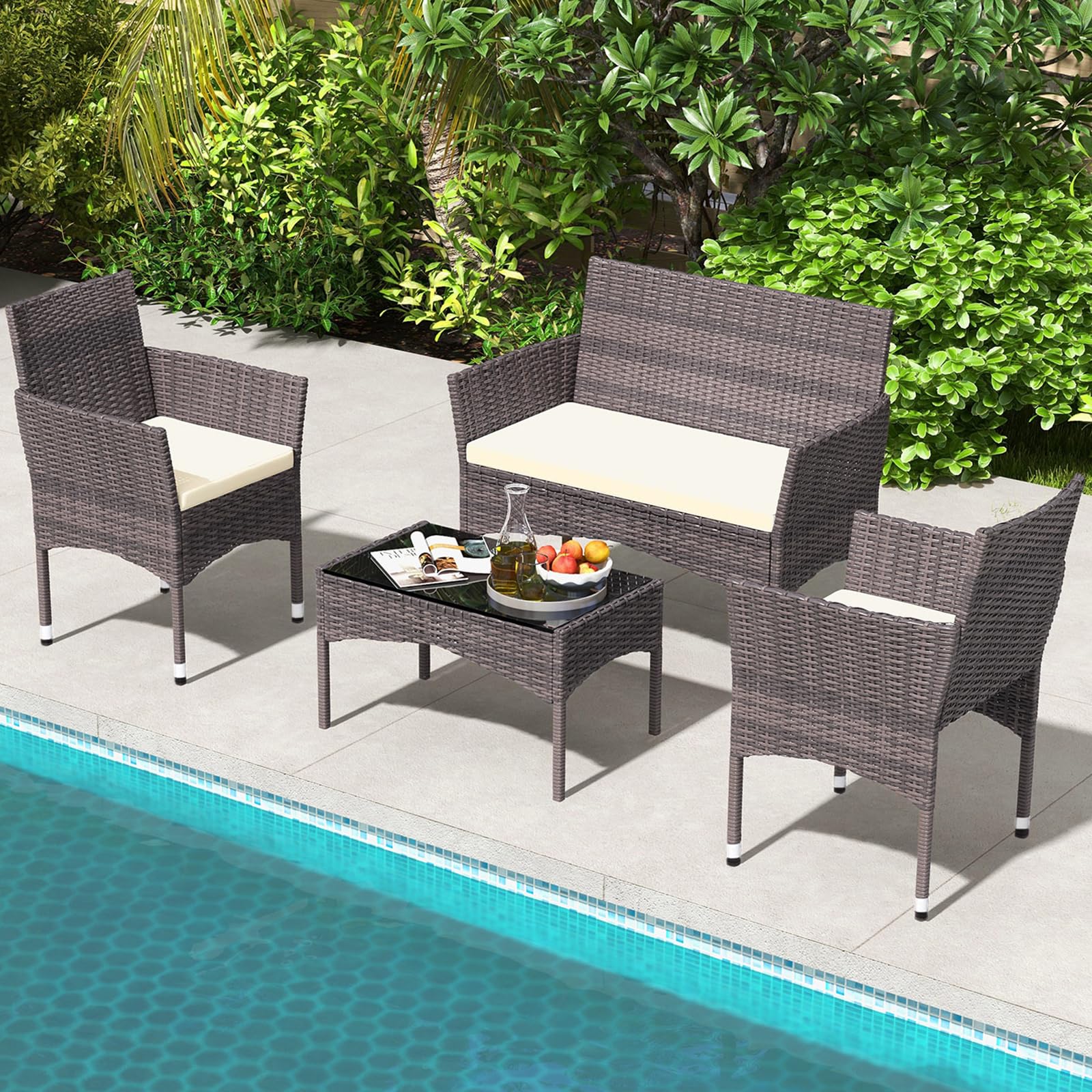 Outdoor Patio Furniture Sets, 4 Pieces Rattan Chairs Wicker Conversation Set with Tempered Glass Table, Cushion, for Yard, Garden, Poolside, Porch, Bistro, Balcony