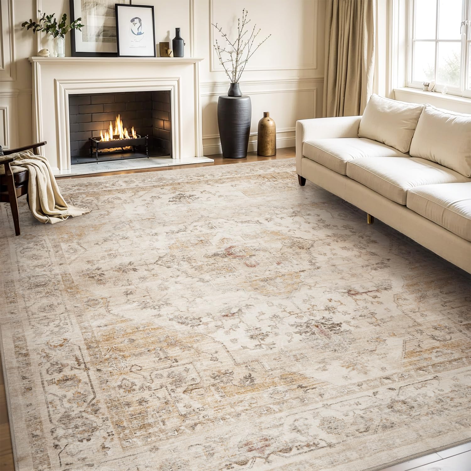 AMOAMI-Area Rug 8FT X 10FT Rugs for Living Room-Vintage Soft Beige Rugs for Bedroom-Non Slip Carpet-Washable Rug for Dining Room Living Room Bedroom Office Under Table $129.99 MSRP