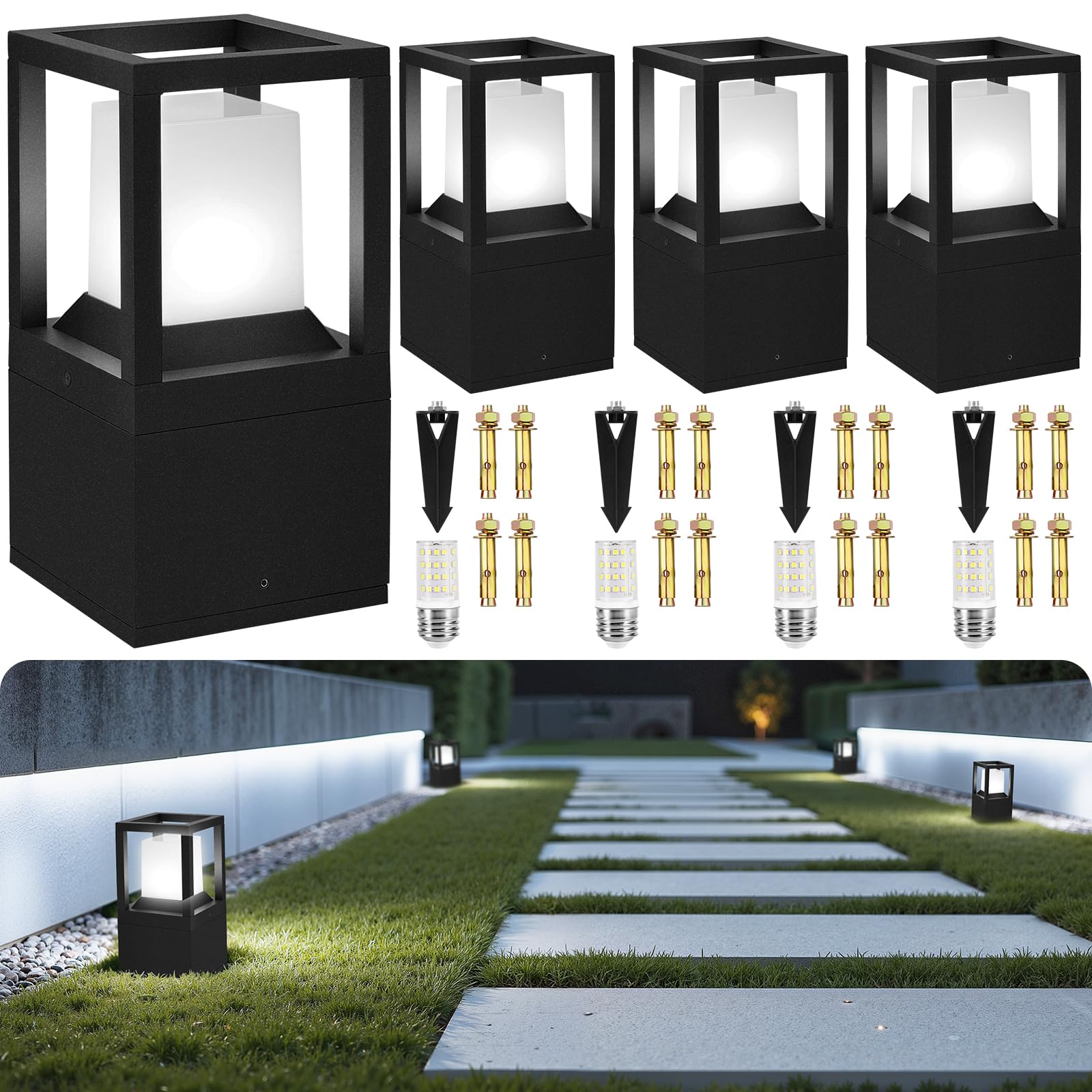 Gardencoin Landscape Bollard Lights Outdoor, Modern LED Column Light Super Bright, 12V Low Voltage Path Light, All-aluminum Waterproof Floor Pillar Lighting with E26 Replaceable Bulb, Dimmable, 4 Pack $149.99 MSRP