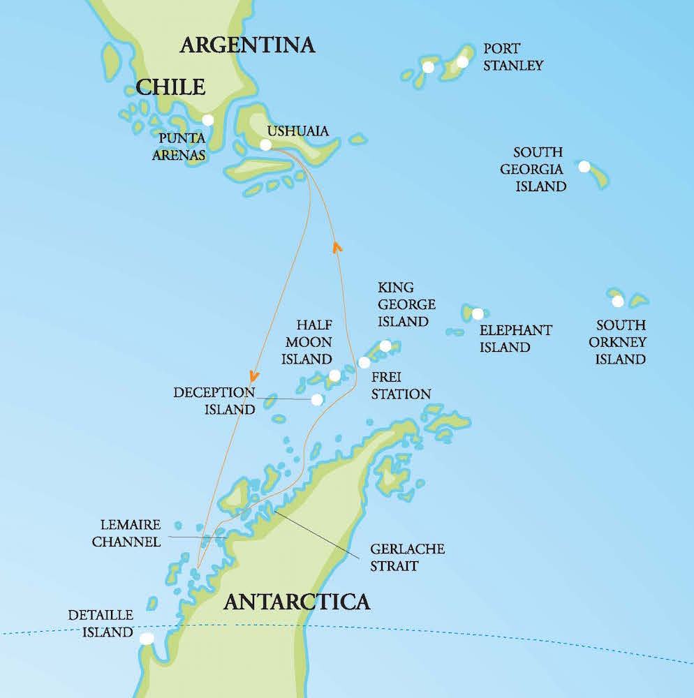 An Antarctic map, showing an expedition cruise route to the Antarctic Peninsula.