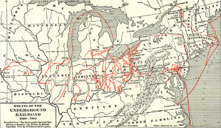 Map of the United States showing the area from Minnesota, Iowa, and Missouri on the left to Tennessee and North Carolina at the bottom to New England. Red lines indicate the routes of the Underground Railroad. They are heavily concentrated in Ohio and around the Philadelphia area.