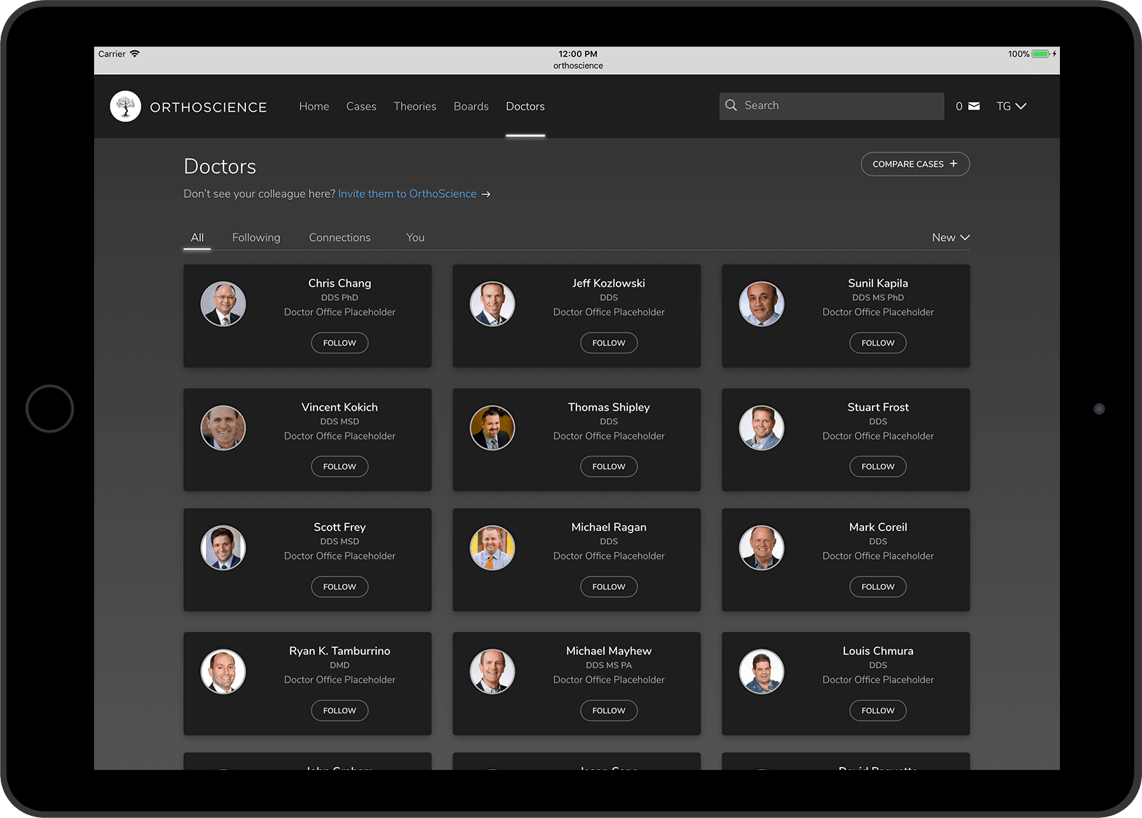 The Doctors page on the OrthoScience iPad app showing name, title, location, and follow button on user cards