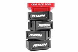 Set of black PERRIN Jack Pads featuring the PERRIN logo on each piece and arranged in a stacked display with a red PERRIN OEM Jack Tool on the top.