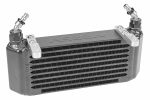 A black PERRIN Transmission Oil Cooler with fittings and mounting brackets installed.