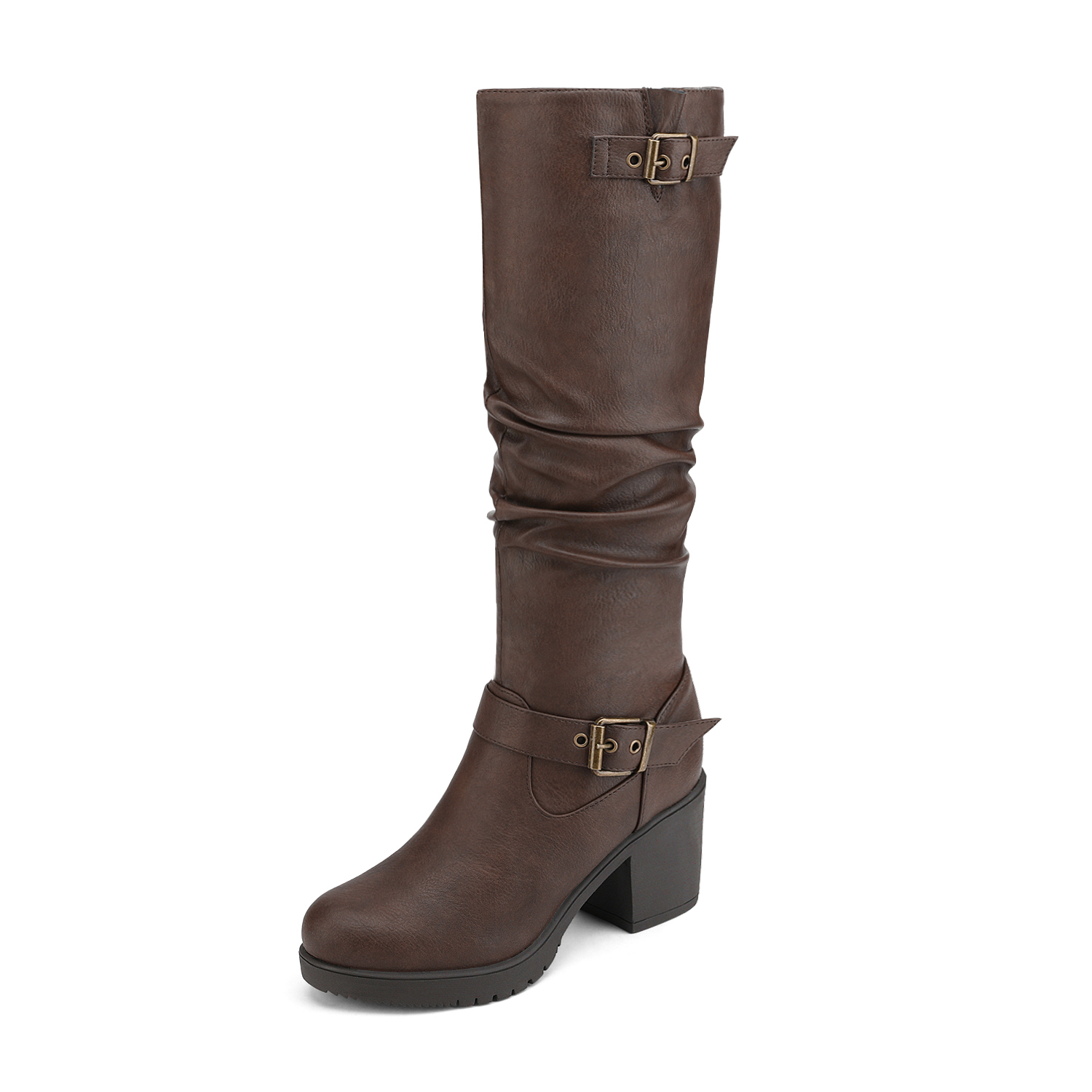 Women's Low Chunky Heel Fur Knee High Zip Riding Boots Shoe Size US - Picture 2 of 4