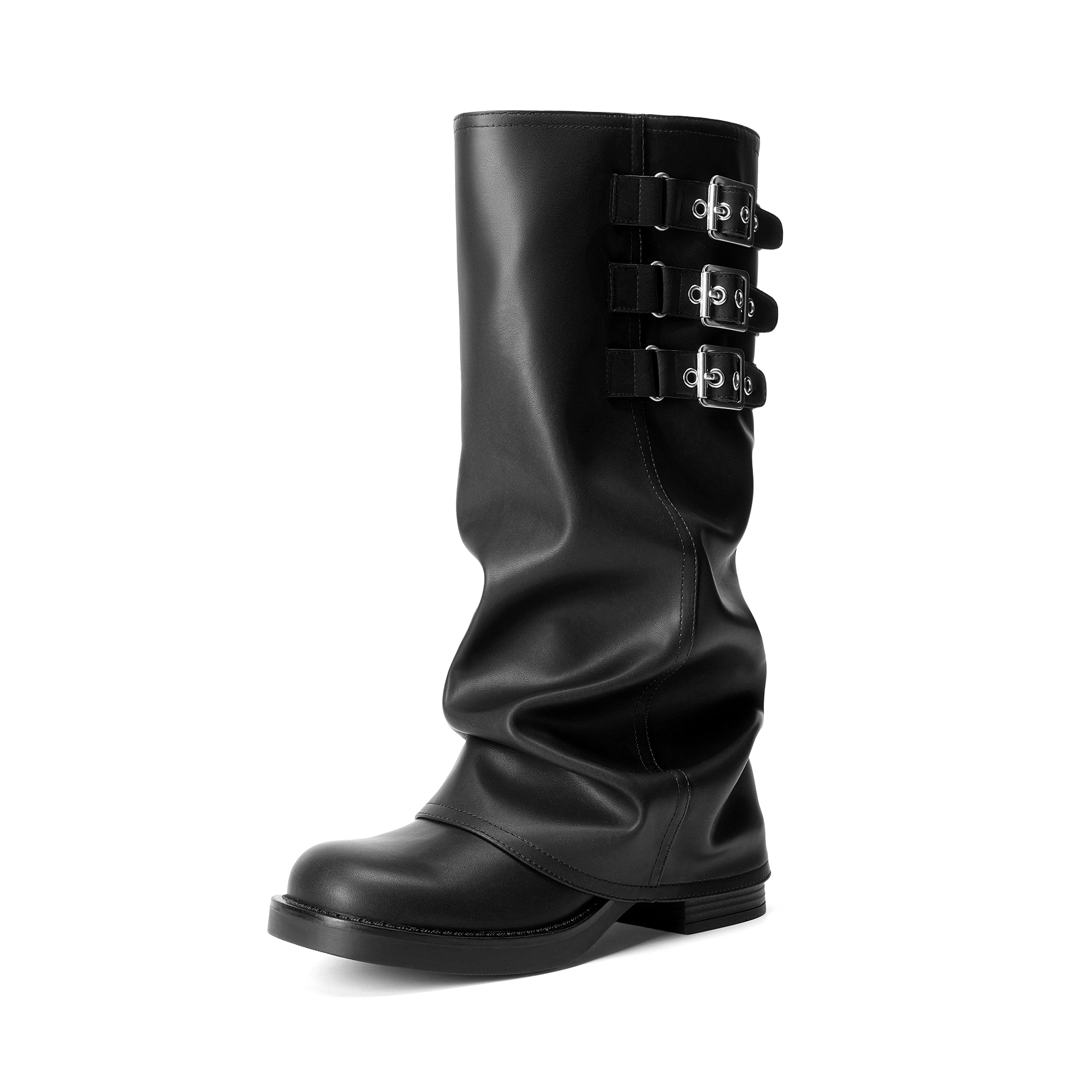 Women Fold-over Knee High Boots Low Heel Wide Calf Slouchy Boot