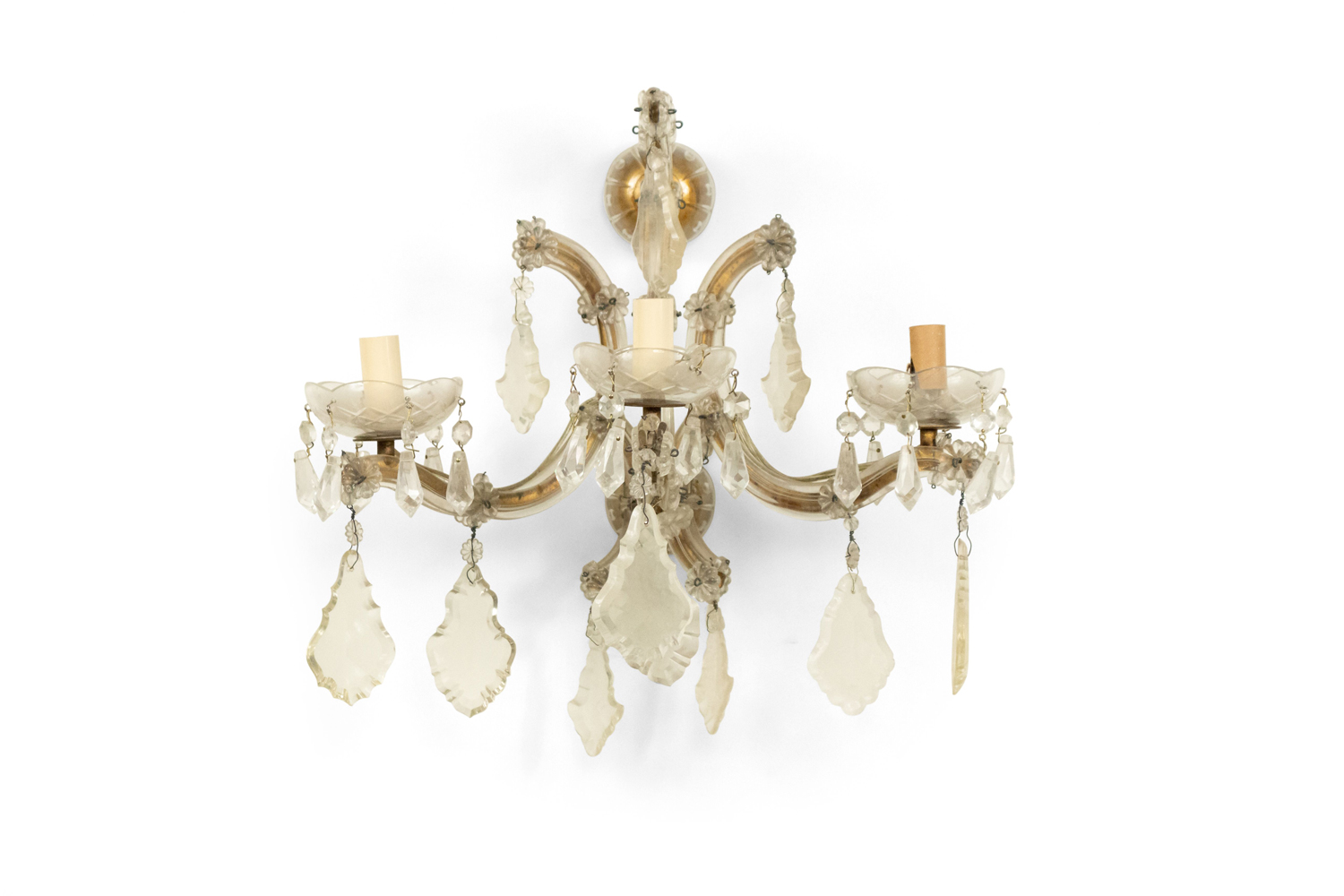English Victorian Gilt Metal And Crystal Wall Sconces