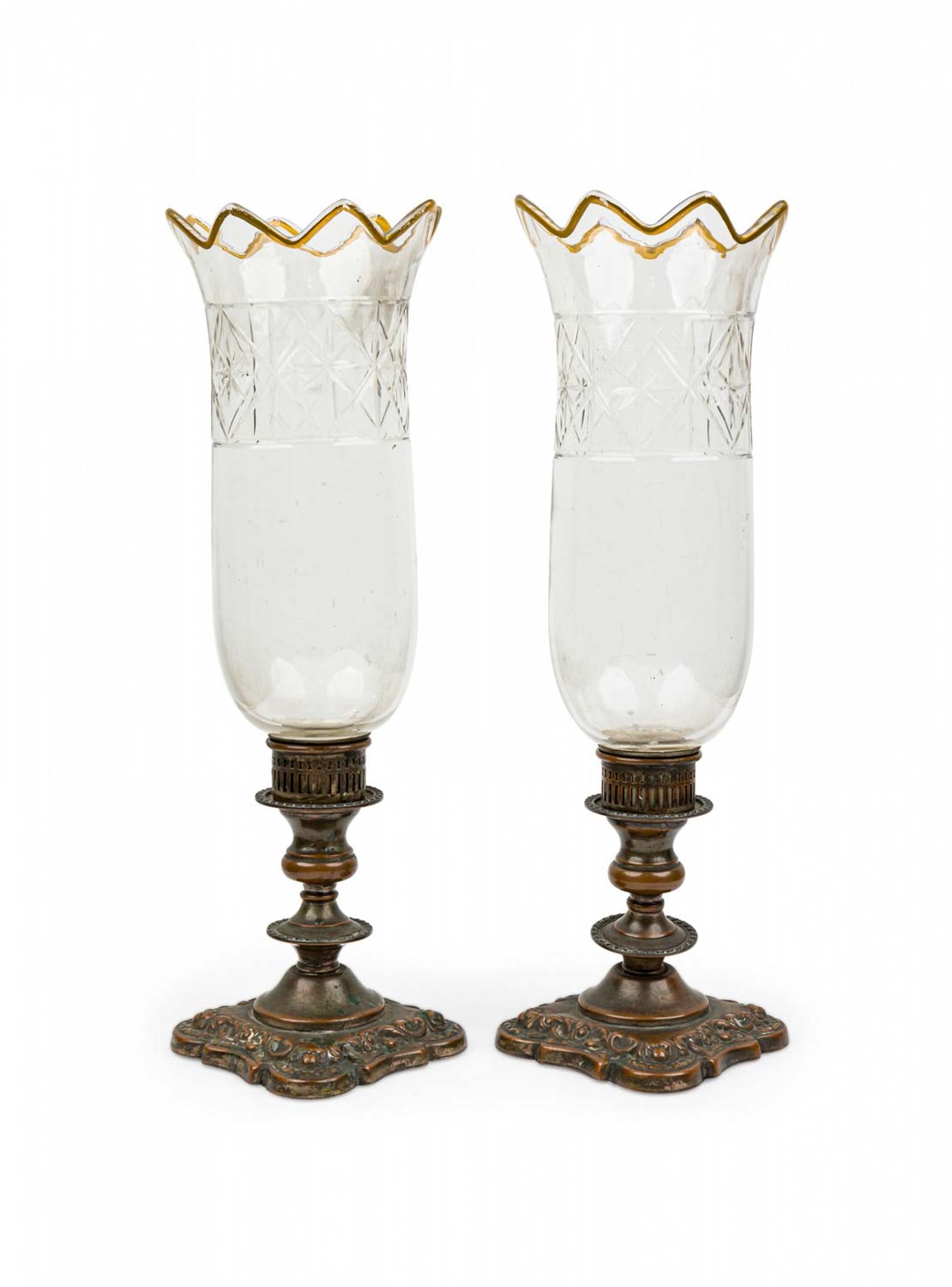 English victorian copper candlesticks with hurricane shades