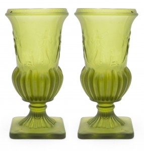 Pair of grecian style green glass urns