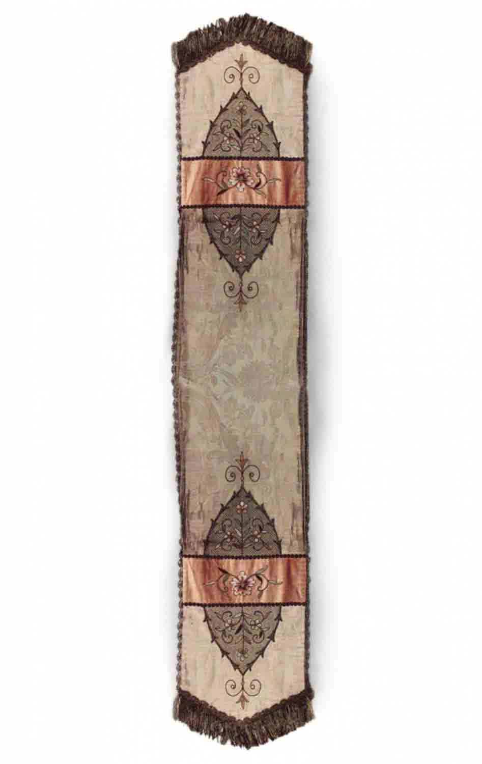 American victorian green silk embroidered table runner