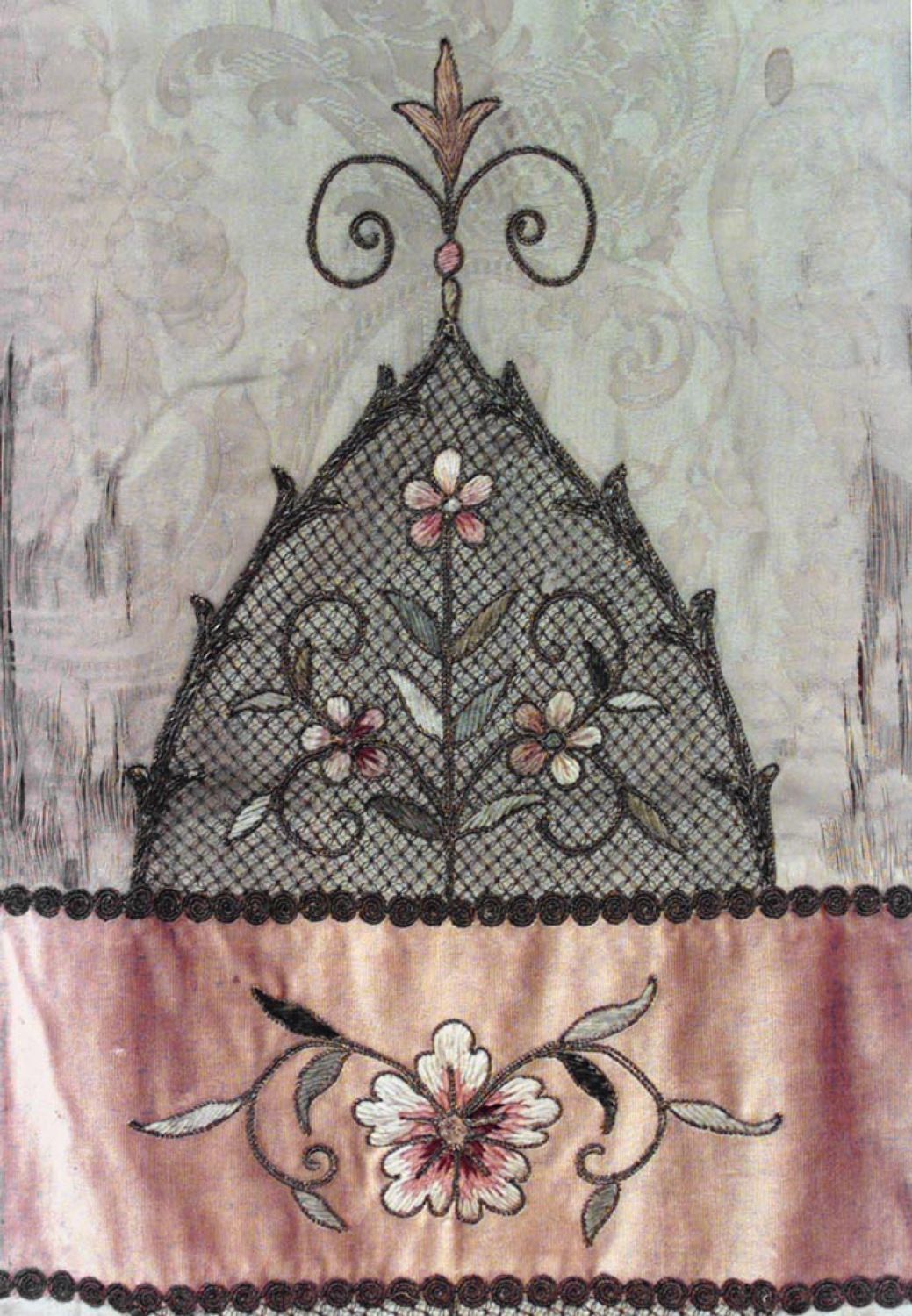 American victorian green silk embroidered table runner