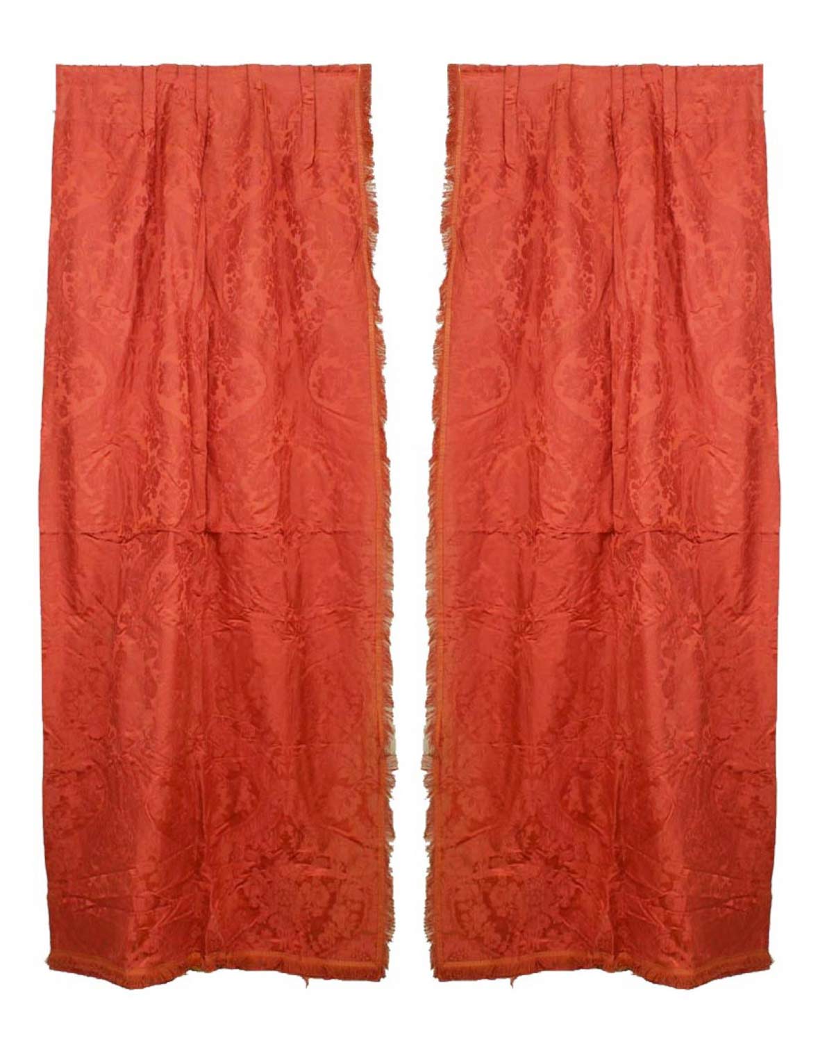 Rose colored damask fringe drapes 1