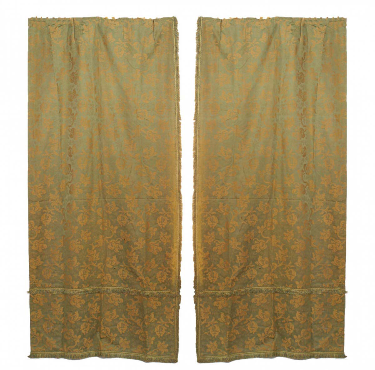 Green and gold floral silk drapes