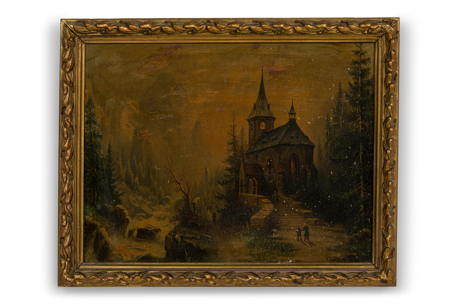 French victorian landscape of church in a forest