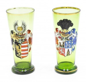 Pair of german bohemian green glass armorial crest vases