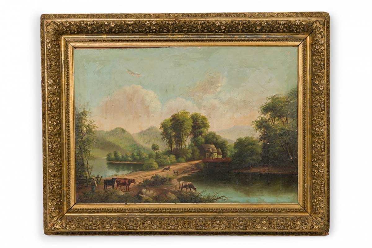 Victorian oil painting of man with cows dog