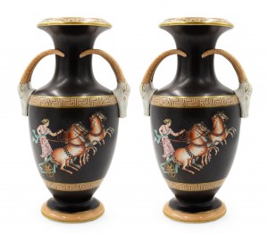 Pair of grecian orange and black porcelain vases