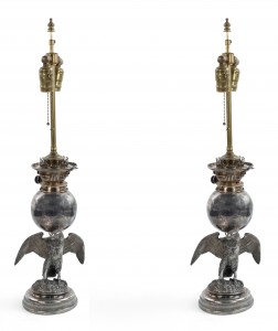 Pair american victorian silver plate eagle table lamps