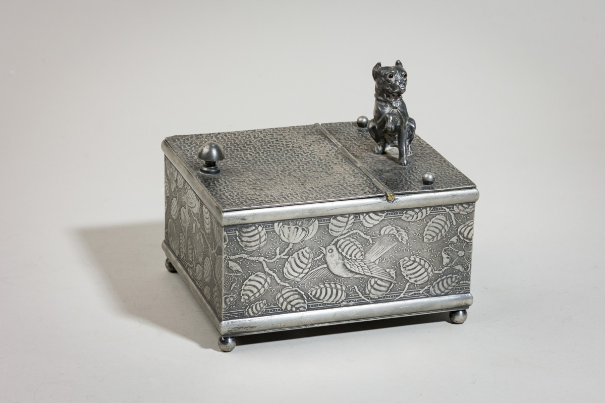 English arts crafts pewter box with dog figure 1