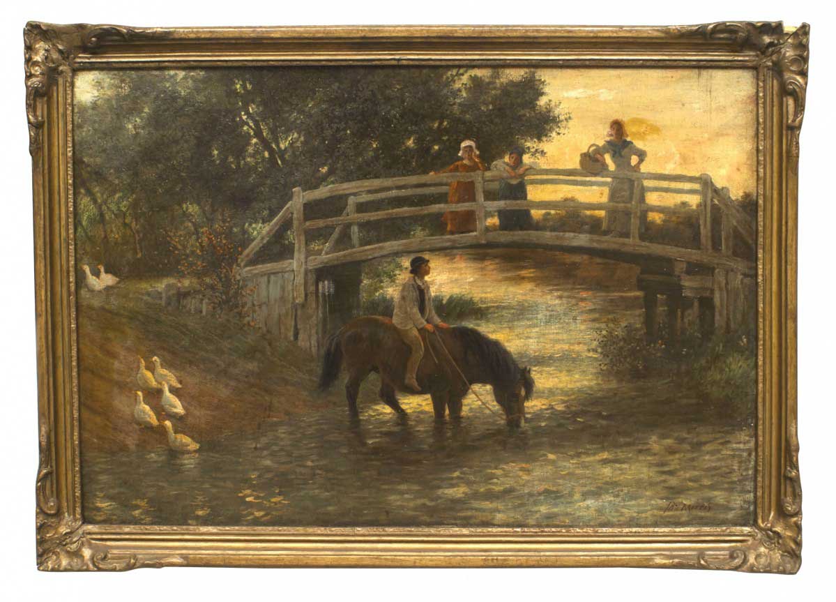 English victorian landscape of figures by a bridge