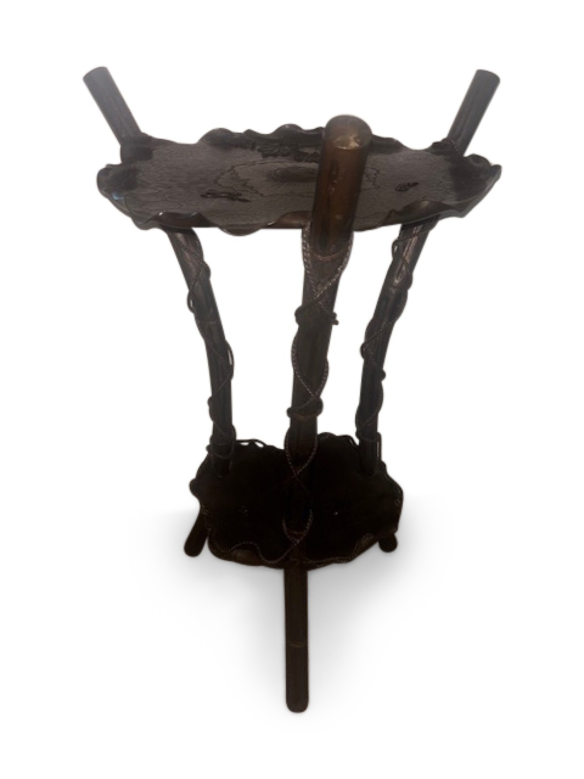 French bronze faux bamboo leg table with lily pad top and shelf