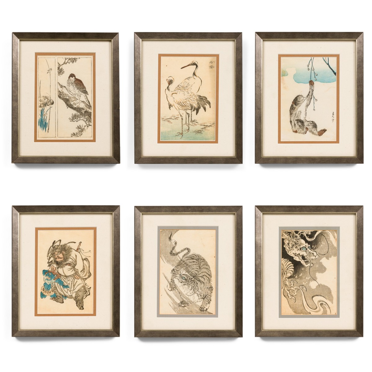 Hukasai colored woodcuts of various animals and a warrior
