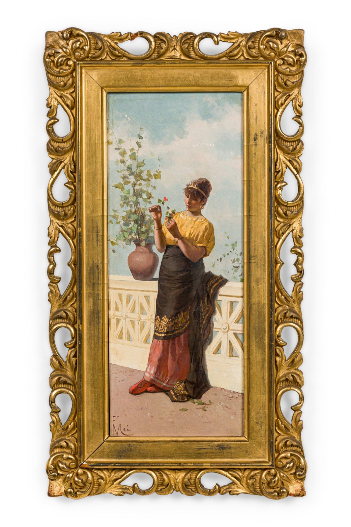 Paolo mei painting of lady on balcony with flowers