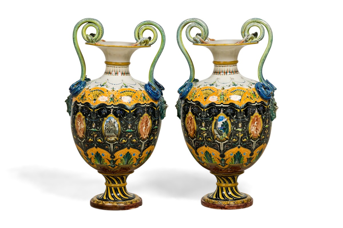 Pair of minton vases with snake handles