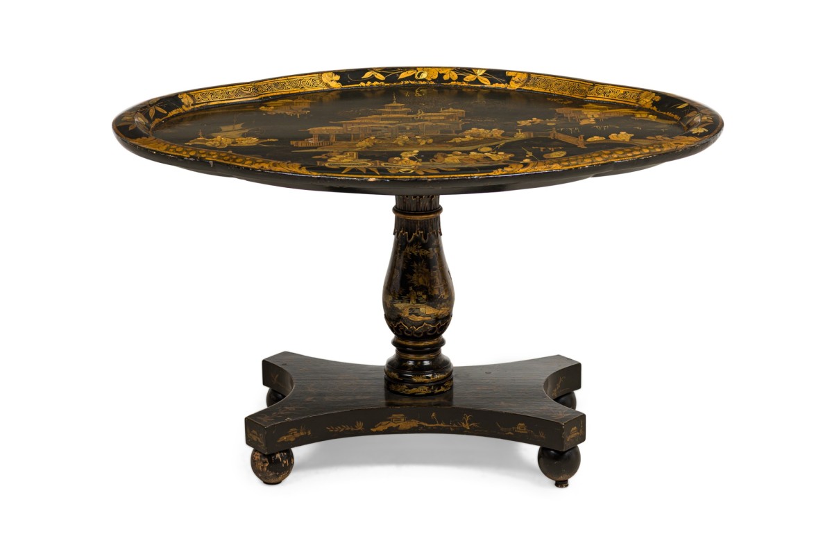 English regency black lacquered oval top coffee table