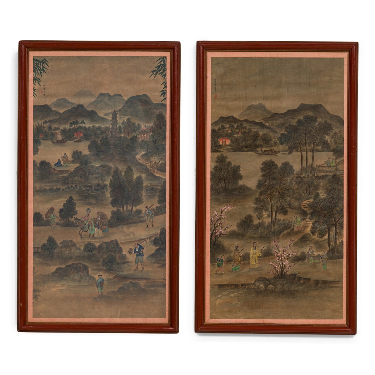 Chinese landscape watercolors in red frames