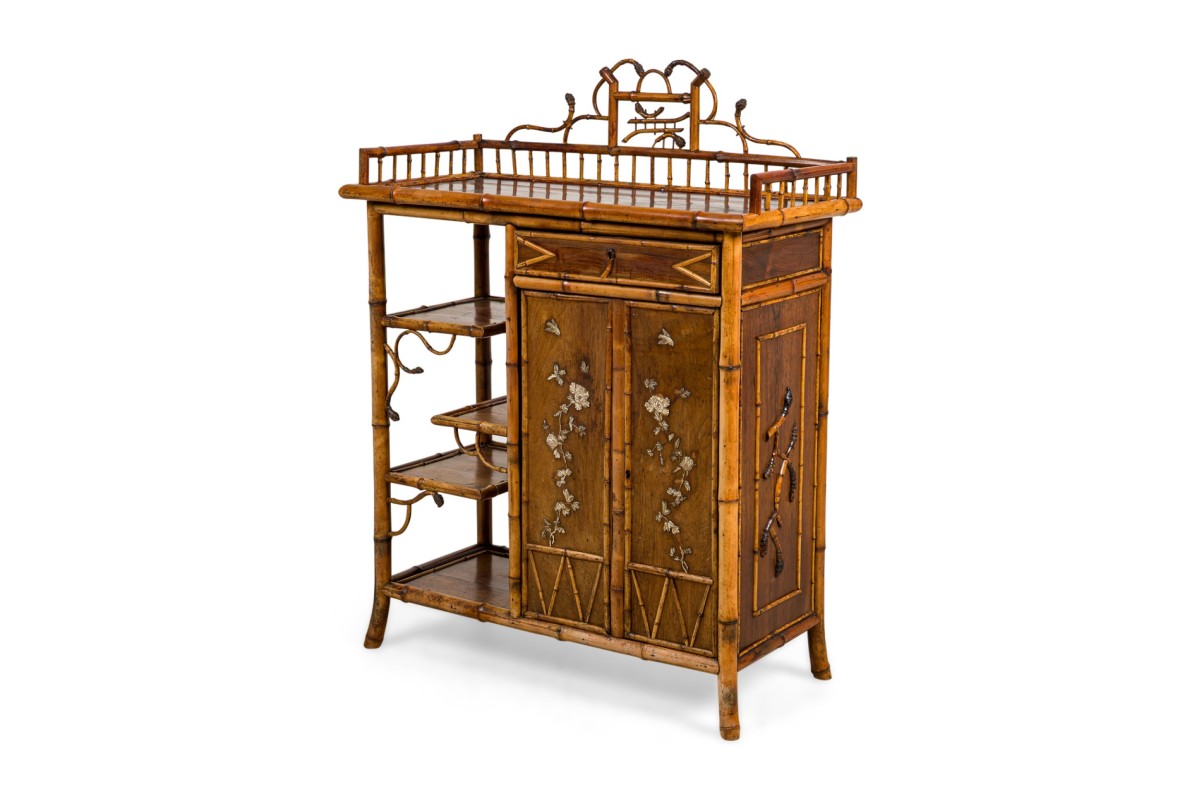 Bamboo 2 door cabinet with bone trim and side shelves and back rail