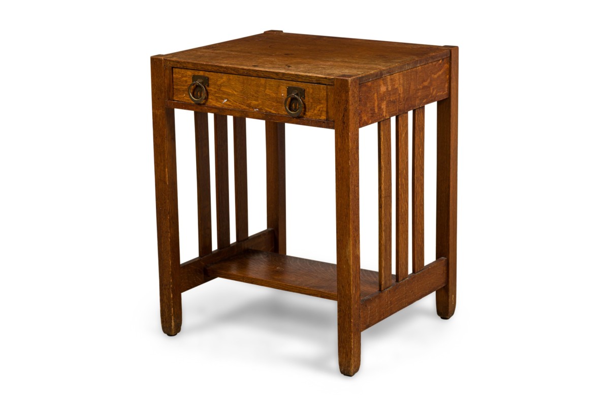 Mission oak table desk with a drawer and side slat design