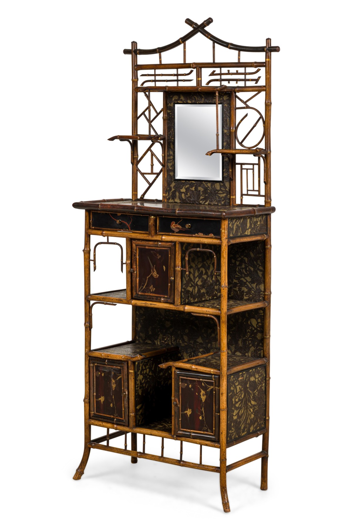 Bamboo and black lacquer etagere cabinet with rectangular mirror