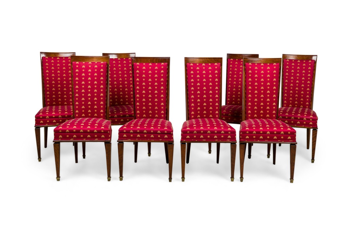 Art Deco Dining Chairs with red upholstered seat and high back
