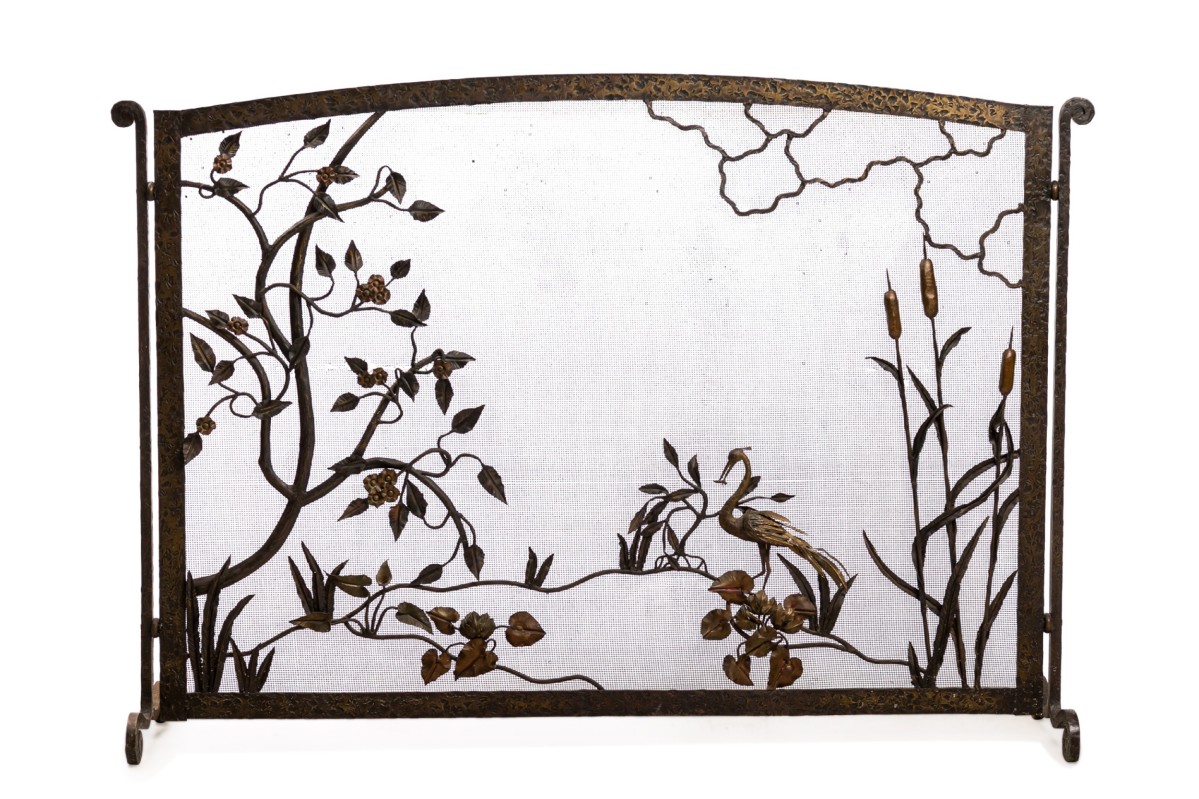 French vict wrought iron large fire screen with floral design